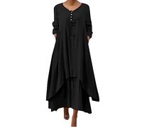Robe Lin Grande Taille, Robe Femme Chic Et Elegant Longue, Col Rond Grande Taille Robes Chemise Ample Boheme Robe Couleur Unie Robe De Plage Summer Dress Vintage Mi Longue Robe