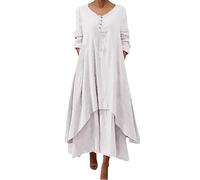Robe Lin Grande Taille, Robe Femme Chic Et Elegant Longue, Col Rond Grande Taille Robes Chemise Ample Boheme Robe Couleur Unie Robe De Plage Summer Dress Vintage Mi Longue Robe