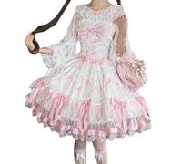 Robe Lolita sans manches en forme de cœur avec bordure en dentelle pour adolescentes, robe trapèze à volants, blanc/rose, Small