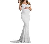 Robe Long Grossesse Chic Et Elegant Manche Courte Col en V Robe à épaules Dénudées Enceinte Pas Cher Robe Maternité Fête Soirée Mariage Cérémonie Shooting Photo (White, M)