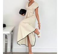 Robe longue 100% coton pour femmes avec fronces à la taille & bordure blocs de couleurs, noir et beige, été, élégante, brunch, robes de soleil de remise des diplômes jaune beurre L,M,S,XL,XSUnicoloreT