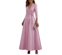 Robe longue à col en V pour femme - Taille drapée - Manches 3/4 | Élégante robe longue à col en V avec une taille drapée, des manches 3/4 et une jupe trapèze fluide pour les mariages