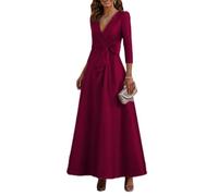 Robe longue à col en V pour femme - Taille drapée - Manches 3/4 | Élégante robe longue à col en V avec une taille drapée, des manches 3/4 et une jupe trapèze fluide pour les mariages