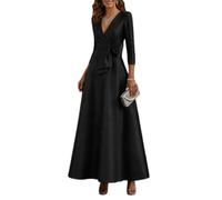 Robe longue à col en V pour femme - Taille drapée - Manches 3/4 | Élégante robe longue à col en V avec une taille drapée, des manches 3/4 et une jupe trapèze fluide pour les mariages