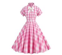 Robe Longue à col Rabattu avec Boutons et nœuds pour Femme - Imprimé Vichy Rose et Blanc - Robe trapèze élégante - Rose - M