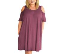 Robe longue à épaules dénudées pour femme, manches courtes, col rond, au-dessus du genou, robe d'été confortable à taille ample, robe d'été de couleur unie, robe trapèze avec poches, coupe ample, rose