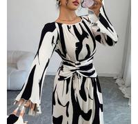 Robe longue à imprimé aléatoire, col rond, manches évasées, taille très froncée, taille cintrée, best-seller pour l'automne/hiver pour femmes L,M,S,XLÉtoffe