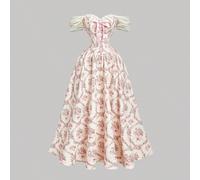 Robe longue à imprimé floral rose avec épaules dénudées pour grandes tailles, une robe vintage rêveuse et romantique avec une taille cintrée, des volants, des décorations de nœuds et des liens croisés