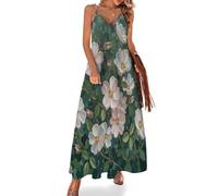 Robe Longue À Imprimé Peinture À L'Huile Fleurs Naturelles Pour Femme - Grande Taill Sans Manches - Col V - Thème Végétal - Robe De Plage Longue À Fines Bretelles - Robe D'Été Décontractée, Vert