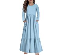 Robe longue à manches longues à volants pour fille avec poches, robe trapèze douce pour tous les jours et occasions spéciales, 4 à 14 ans, bleu clair, 11-12 ans