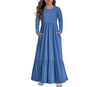 Robe longue à manches longues à volants pour fille avec poches, robe trapèze douce pour tous les jours et occasions spéciales, 4 à 14 ans, bleu, 13-14 ans