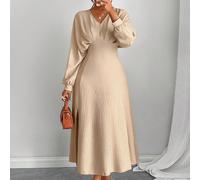 Robe longue à manches longues, col en V, taille marquée, en couleur abricot, pour femmes. Convient pour la vie quotidienne et les déplacements au travail L,M,S,XLUnicoloreÉtoffe