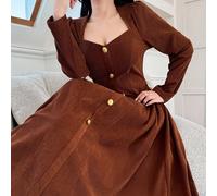 Robe longue à manches longues en velours côtelé avec col carré rétro français, mode du début de l'automne L,M,S,XL,XS,XXL,XXS,XXXL,XXXXLUnicoloreTissu tissé