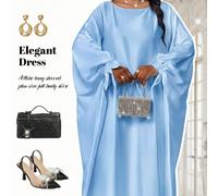 Robe longue à manches longues et col bénitier en satin tressé, élégante et modeste, pour le bureau et les mariages. Coupe évasée avec manches chauve-souris et laçage. Tailles plus. 0XL,1XL,2XL,3XL,4XL