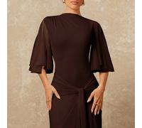 Robe longue à manches longues évasées, à col bateau, en maille multicouche fluide et nouée à la taille pour femmes L,M,S,XL,XS,XXL,XXS,XXXL,XXXXLUnicoloreTissu en tulle