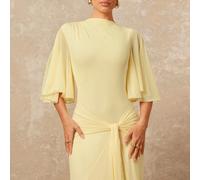 Robe longue à manches longues évasées, à taille nouée, avec volants, en maille fluide multicouche, pour le début du printemps. Convient pour les vacances, les anniversaires, les mariages, les fêtes de