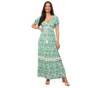 Robe longue à motif floral et crochet sous le buste.Modèle à manches ballons et pompons sur le jupon.Dotée de liens avec pompons et XL