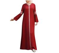 Robe longue Abaya - Imprimé floral - Pour femme - Caftan musulman, Rouge, S
