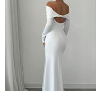Robe longue ajustée sexy et élégante à manches longues, taille cintrée, double couche, épaules dénudées, dos nu, ourlet corolle torsadé en tricot côtelé, couleur blanche, tenue maxi pour femme en auto