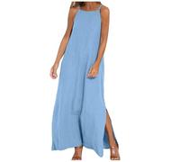 Robe longue ample en coton et lin avec bretelles spaghetti et col carré, sans manches, pour les vacances, les vacances, les vacances, les loisirs, l'été, les vacances, les vacances, les loisirs, l'été