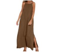 Robe Longue Ample en Coton et Lin avec Bretelles Spaghetti et Col Carré, Sans Manches, pour les Vacances, les Loisirs, l'Été, de la Marque Generic, Taille L, Couleur Marron 1, pour Femme