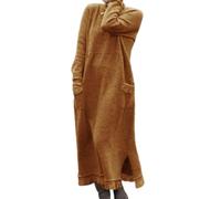Robe Longue Ample en Dentelle Grande Taille, Robe Longue à col Rond en Dentelle Unie pour Femme, Robe Longue décontractée d'hiver avec Poches (Orange,TTG)