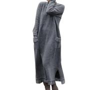 Robe Longue Ample en Dentelle Grande Taille, Robe Longue à col Rond en Dentelle Unie pour Femme, Robe Longue décontractée d'hiver avec Poches (Light Gray,TG)