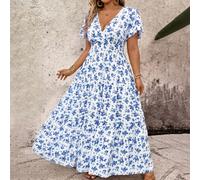Robe longue ample pour femmes grandes tailles avec col V, manches chauve-souris, taille cintrée, motif floral éparpillé. Tissu respirant et fluide. Style modeste, vintage de la campagne française, pou