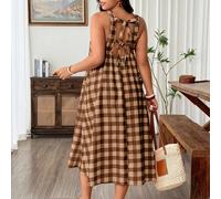Robe longue ample sans manches à nouer dans le dos, tissée, style romantique vintage, à carreaux orange et blanc, pour femmes grande taille 0XL,1XL,2XL,3XL,4XLVichyTissu tissé