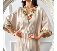 Robe longue avec manches chauve-souris, broderie florale élégante pour femmes. Robe kaftane modeste d'été arabe L,M,S,XLFloral,UnicoloreTissu tissé