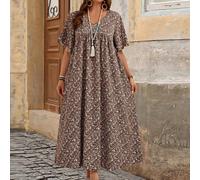 Robe longue babydoll ample pour femmes grandes tailles, marron chocolat à petits motifs floraux, col en V, manches courtes, style bohème, pour l'été, la plage, les rendez-vous et les vacances 0XL,1XL,