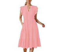 Robe longue blanche à manches à volants, col en V, robe midi 2024, à la mode, coupe décontractée, fluide, dégradée, bohème, robe de vacances à la plage élégante en dentelle serrée, Rose, L