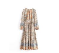 Robe longue bohème à manches longues pour femme, style bohème, décontracté, floral, évasé, fluide, hippie, bohème, beige, L
