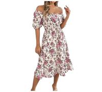 Robe Longue Bohème Chic Et Elegant Imprimé Floral Ligne A Robes Fleurs Victoriennes à Manches Bouffantes avec Volants Robe Midi Corset Et Cottagecore pour Femme Plage Mariage Invitée (Purple, M)