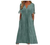 Robe Longue Boheme Col en V, Robe Ete Femme Manches Courtes Creuse Ample Taille Haute Couleur Unie Décontracté Comfortable Respirante Tendance Élégants Classiques avec Poches Tenue De Sortie Dress