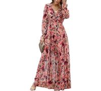 Robe longue bohème en mousseline de soie à manches longues et col en V à volants pour femme élégante et fluide, Multicolore, XL