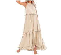 Robe Longue Boheme Femme sans Manches, Robe De Plage Femme Dos Nu Plissée Volants Couleur Unie Tendance Élégant Swing Cocktail Sexy Décontractée Fluide Ample pour Party Banquet Dress 2025