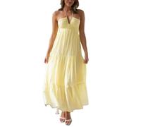 Robe longue bohème fluide à volants sans manches dos nu en mousseline plissée avec doublure pour la plage, jaune clair, S