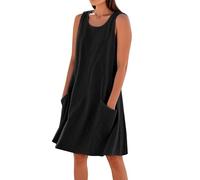Robe Longue Boheme Grande Taille Été Robe Chemise Fluide Courte sans Manches Vetement Femme Ete Coton Lin Col Rond Summer Dress Et Ventes Flash Noir M