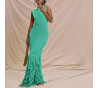 Robe longue côtelée sans manches avec détail d'ourlet effiloché. Robe d'été, de vacances, de plage à Ibiza, de soirée d'hiver, de rendez-vous, de style Nashville, de carnaval printanier L,M,S,XL,XSUni