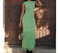Robe longue côtelée sans manches avec détail d'ourlet effiloché. Robe d'été, de vacances, de plage à Ibiza, de soirée d'automne/hiver, de rendez-vous à Nashville L,M,S,XL,XSUnicoloreTricots