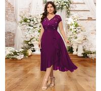 Robe longue de soirée chic pour fête, mariage, anniversaire, remise de diplôme, retour au lycée. Avec un décolleté en V, un buste en dentelle pailletée, des volants et une fente sur la cuisse en mouss