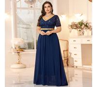 Robe longue de soirée formelle grande taille à col V, en mousseline plissée avec sequins, dentelle florale, contraste de strass et ruban doré, robe d'invitée de mariage, pour anniversaire 0XL,1XL,2XL,
