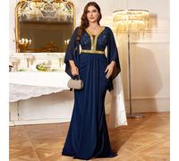 Robe longue de soirée formelle pour mariage en automne, plus élégante, col V profond, sequins, dentelle, mousseline, manches papillon, patchwork, ruban doré, froncée, drapée devant, ourlet sirène 0XL,
