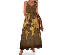 Robe Longue de Soleil à Bretelles Style Industriel Rétro Robes col en V sans Manches Carte du Monde en Bois Maxi Robe Chic Et Élégante Robes d'été Décontracté Bohème