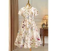 Robe longue décontractée à imprimé floral à l'encre avec boutons devant, style rétro, grande taille, pour le printemps et l'été, tenue pour femmes 0XL,1XL,2XL,3XL,4XL,5XLFloral,Plantes,Tout ImpriméÉto