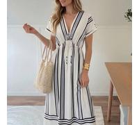 Robe longue décontractée côtière blanche et noire à col en V et taille cintrée pour femmes, tenues d'été et de printemps, tenue de villégiature, vacances, nouvelle arrivée Grèce L,M,S,XLRayéTissu tiss