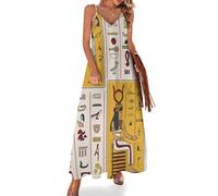 Robe Longue décontractée pour Femme, Bretelles Spaghetti réglables, col en V, Motifs Dieux égyptiens et hiéroglyphes Anciens