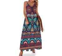Robe Longue décontractée pour Femme, Bretelles Spaghetti réglables, col en V, Motifs Patchwork de Tapis Antiques