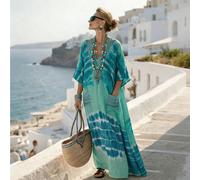 Robe longue décontractée pour femmes avec motif tie dye, col en V vert, manches kimono mi-longues, ourlet asymétrique. Robe d'été pour femmes, tenue de plage, style méditerranéen, bohème L,M,S,XL,XXLg